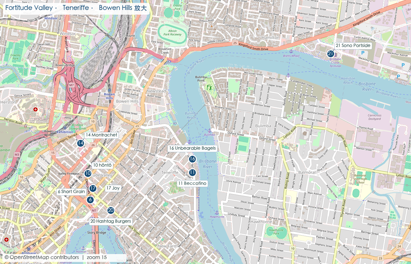 Fortitude Valley、Teneriffe、Bowen Hills 放大地图